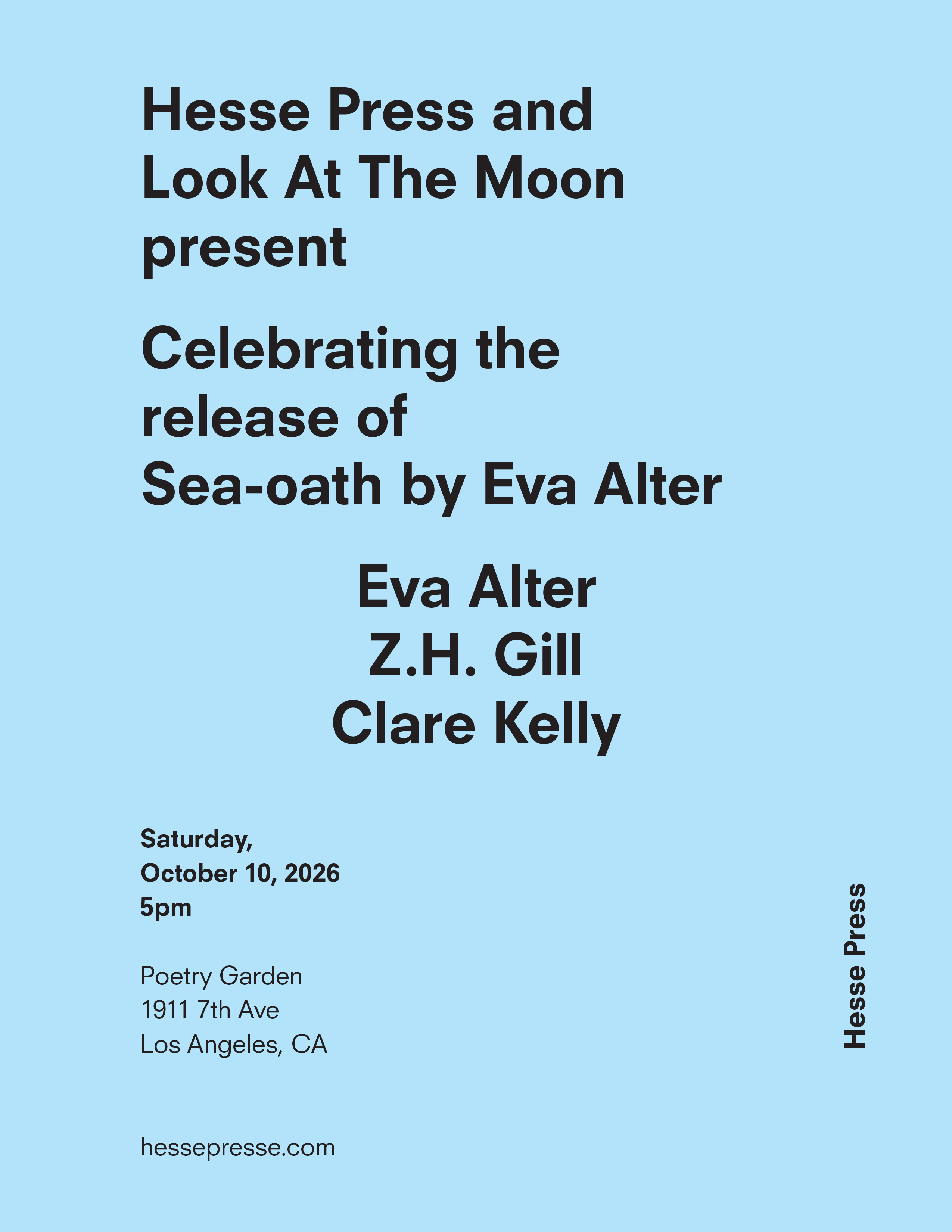 Hesse Press and Look At The Moon present Celebrating the release of Sea-oath by Eva Alter at Poetry Garden, October 10, 2026